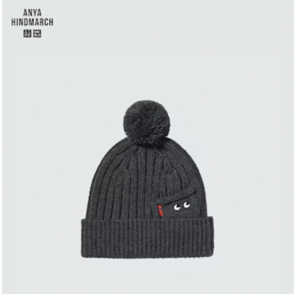 Anya Hindmarch Uniqlo dark grey touch of wool heattech pompom beanie hat NWT - Picture 1 of 8